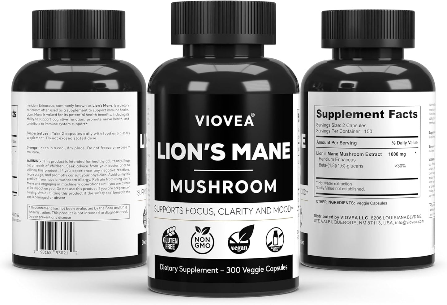 Organic Lion's Mane Supplement Capsules - 300 Capsules (5-Month Supply) for Focus, Memory, and Cognitive Function. Immune Support Nootropic Supplement.