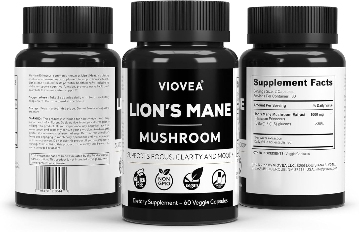Organic Lion's Mane Supplement Capsules - 60 Capsules (30-Day Supply) for Cognitive Function and Immune Support - Nootropic Blend for Focus, Clarity, Memory, and Cognition