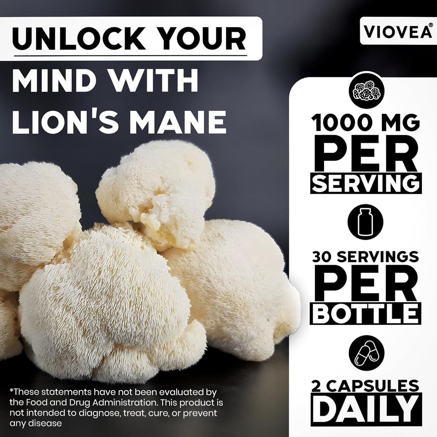 Organic Lion's Mane Supplement Capsules - 60 Capsules (30-Day Supply) for Cognitive Function and Immune Support - Nootropic Blend for Focus, Clarity, Memory, and Cognition