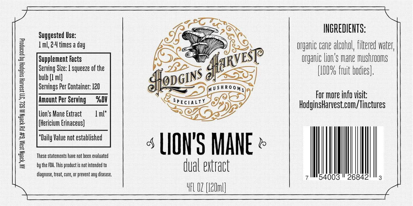 Organic Lion's Mane Tincture | Dual Extract | Extra-Concentrated | Grown in USA | Hodgins Harvest (4 fl oz)