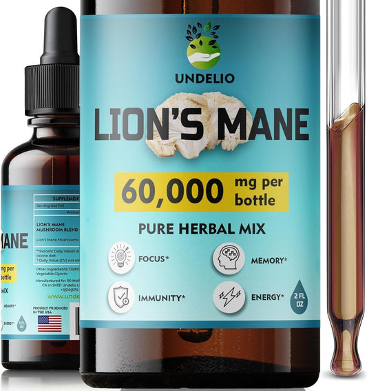 Organic Lions Mane Tincture for Memory, Focus & Immune Support - Vegan Mushroom Supplement - 2 Fl oz Bottle