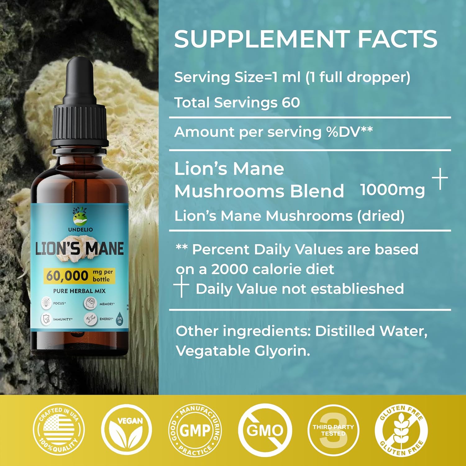 Organic Lions Mane Tincture for Memory, Focus & Immune Support - Vegan Mushroom Supplement - 2 Fl oz Bottle