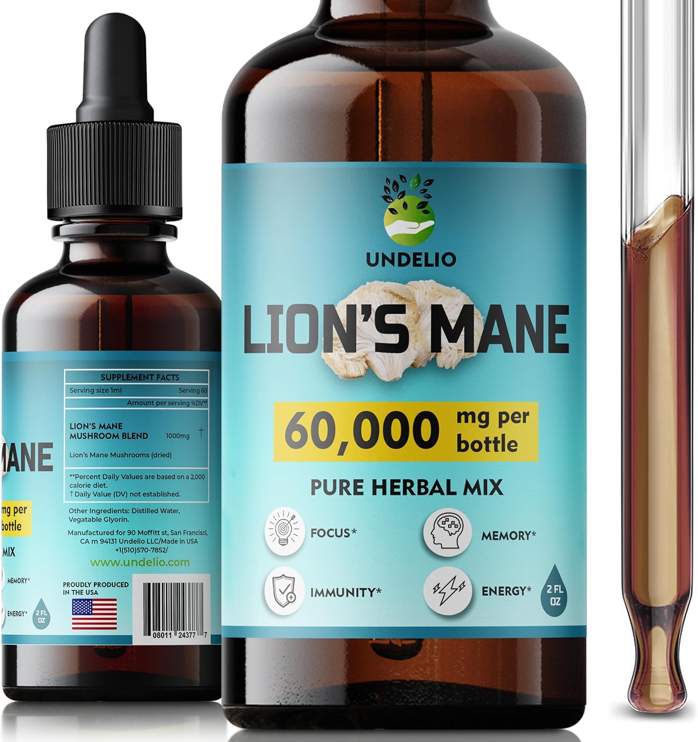 Organic Lions Mane Tincture for Memory, Focus & Immune Support - Vegan Mushroom Supplement - 2 Fl oz Bottle