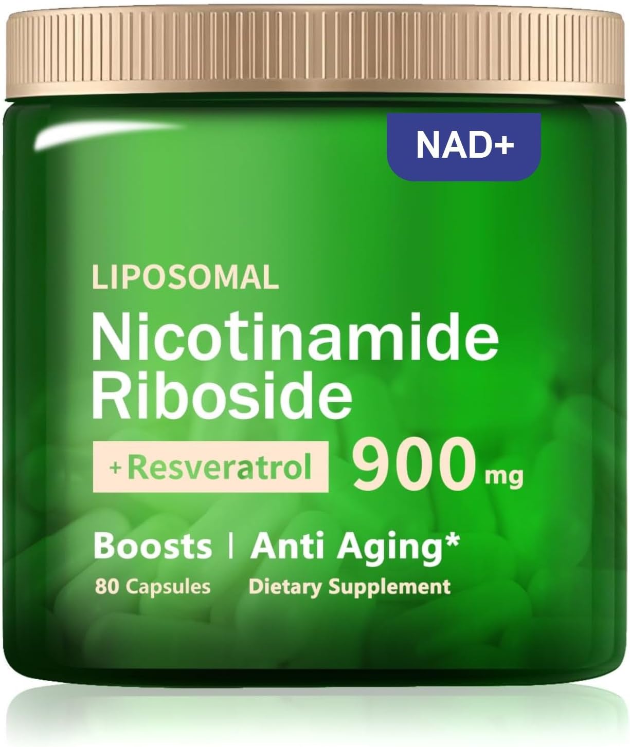 Organic Liposomal NAD+ Supplement with 900mg Nicotinamide Riboside, Resveratrol, Quercetin - 80 Capsules for Anti-Aging, Energy, Focus