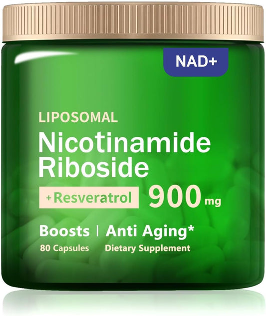 Organic Liposomal NAD+ Supplement with 900mg Nicotinamide Riboside, Resveratrol, Quercetin - 80 Capsules for Anti-Aging, Energy, Focus