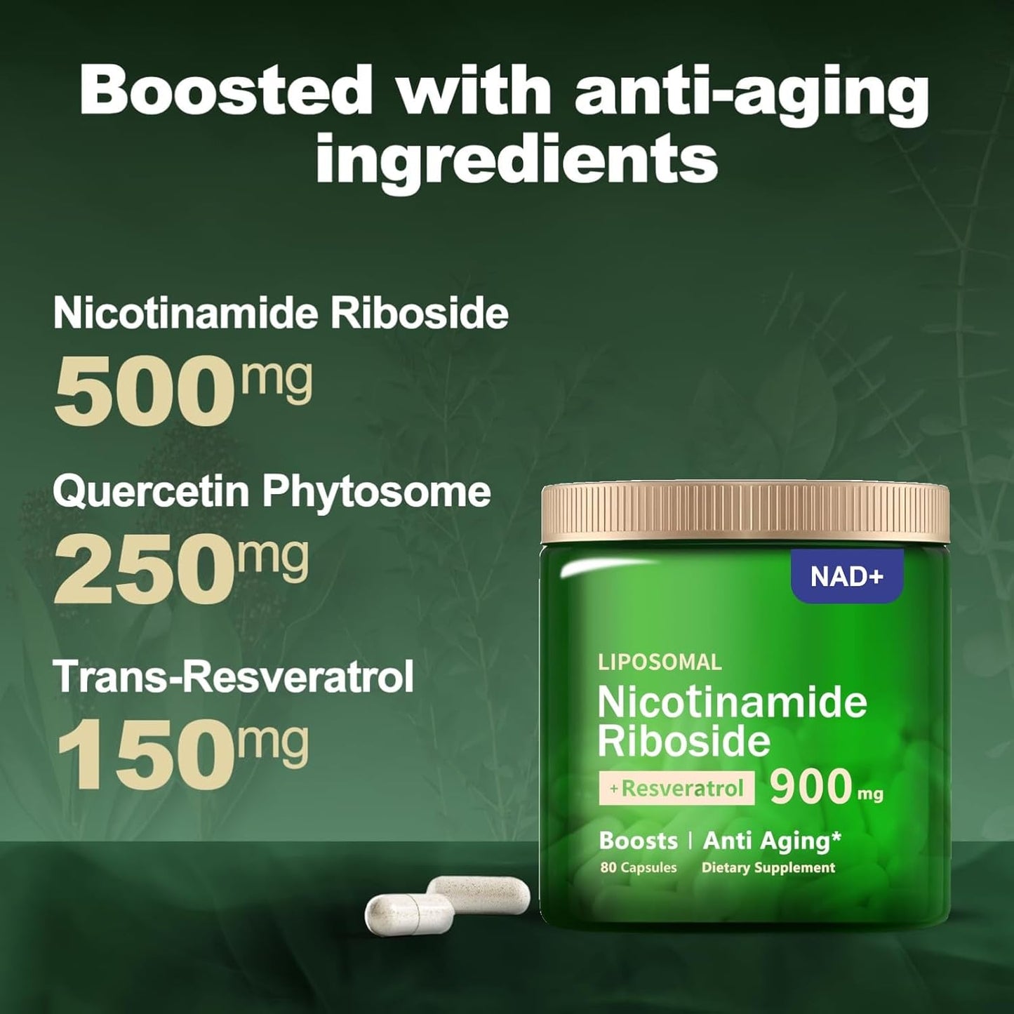 Organic Liposomal NAD+ Supplement with 900mg Nicotinamide Riboside, Resveratrol, Quercetin - 80 Capsules for Anti-Aging, Energy, Focus