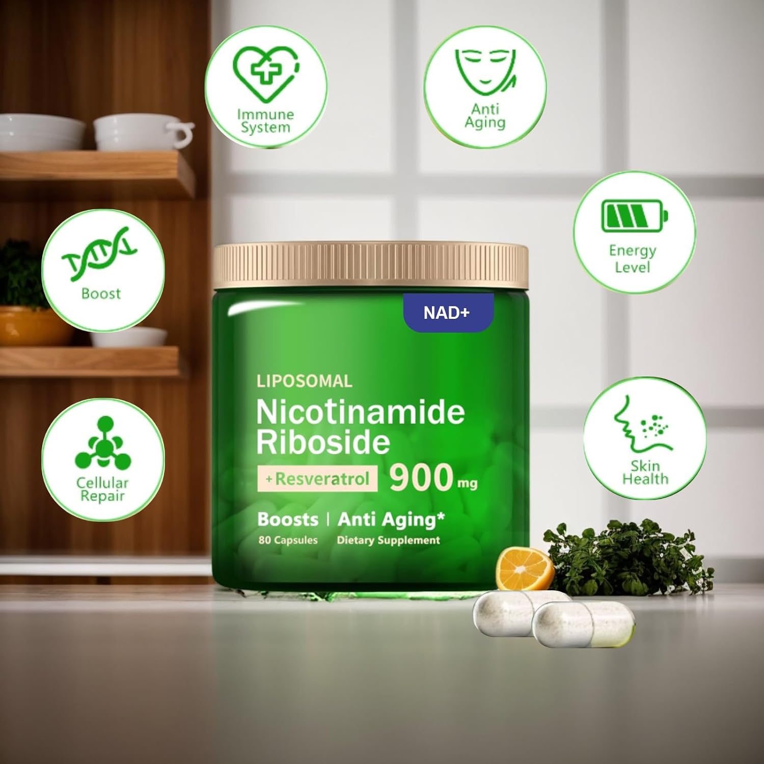 Organic Liposomal NAD+ Supplement with 900mg Nicotinamide Riboside, Resveratrol, Quercetin - 80 Capsules for Anti-Aging, Energy, Focus