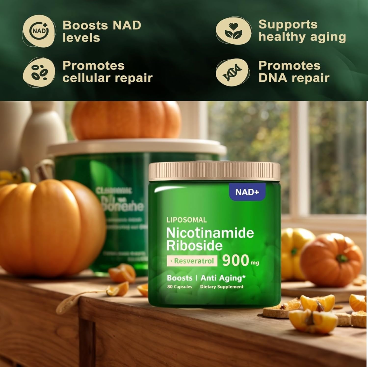 Organic Liposomal NAD+ Supplement with 900mg Nicotinamide Riboside, Resveratrol, Quercetin - 80 Capsules for Anti-Aging, Energy, Focus