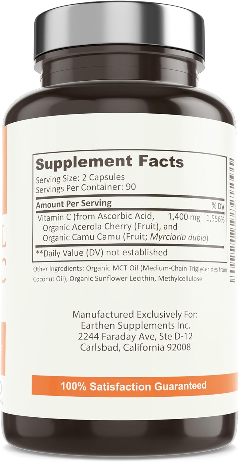 Organic Liposomal Vitamin C Capsules 1400MG - 180 Capsules | High Absorption Antioxidant | Non GMO & Fat Soluble | Earthen Supplements