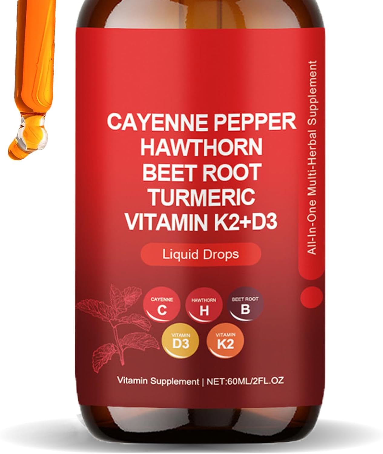 Organic Liquid Cayenne Pepper Drops with Hawthorn and Beet Root Extract, 60ml Bottle