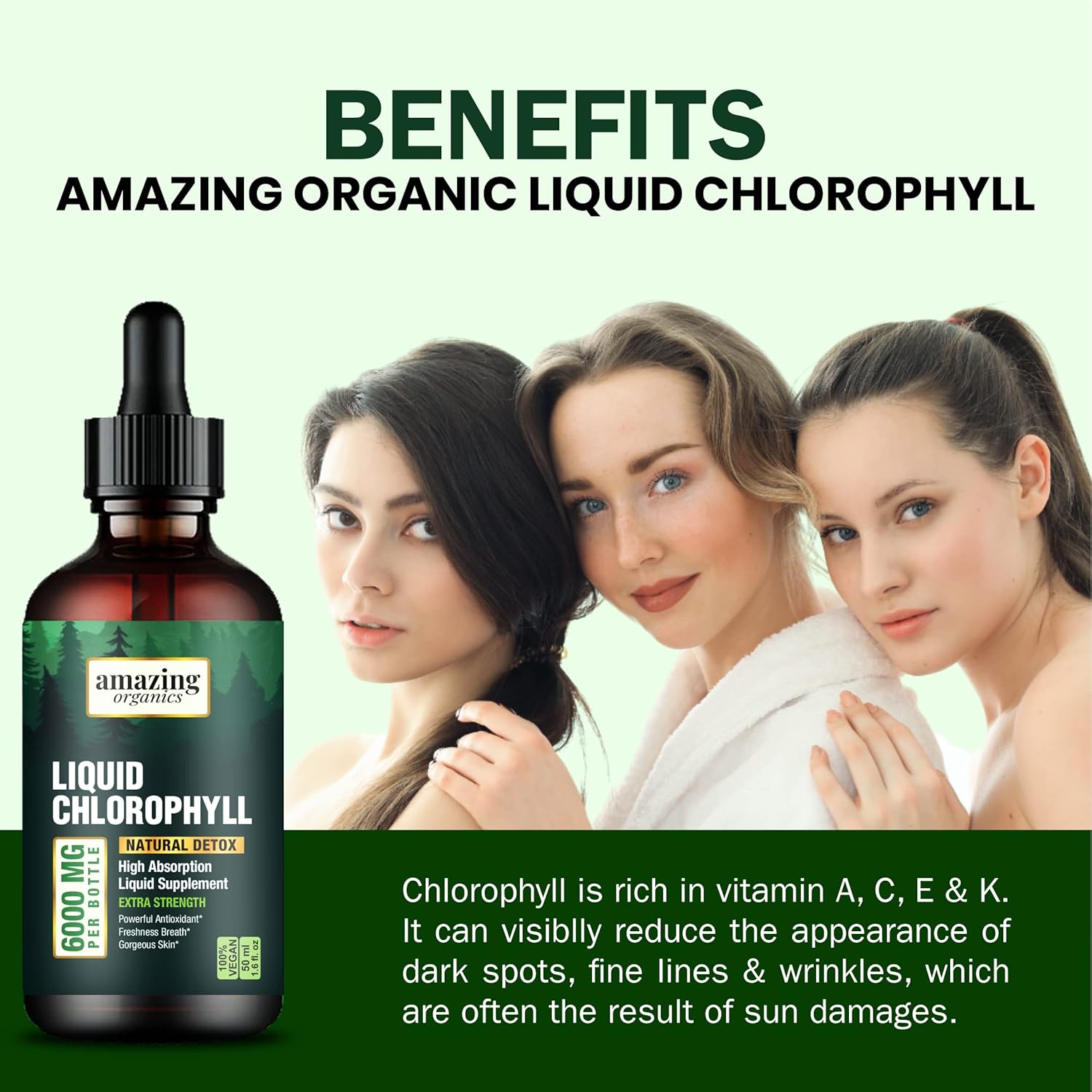 Organic Liquid Chlorophyll Drops for Natural Energy Boost - AmazingOrganics Green Chlorophyll Formula