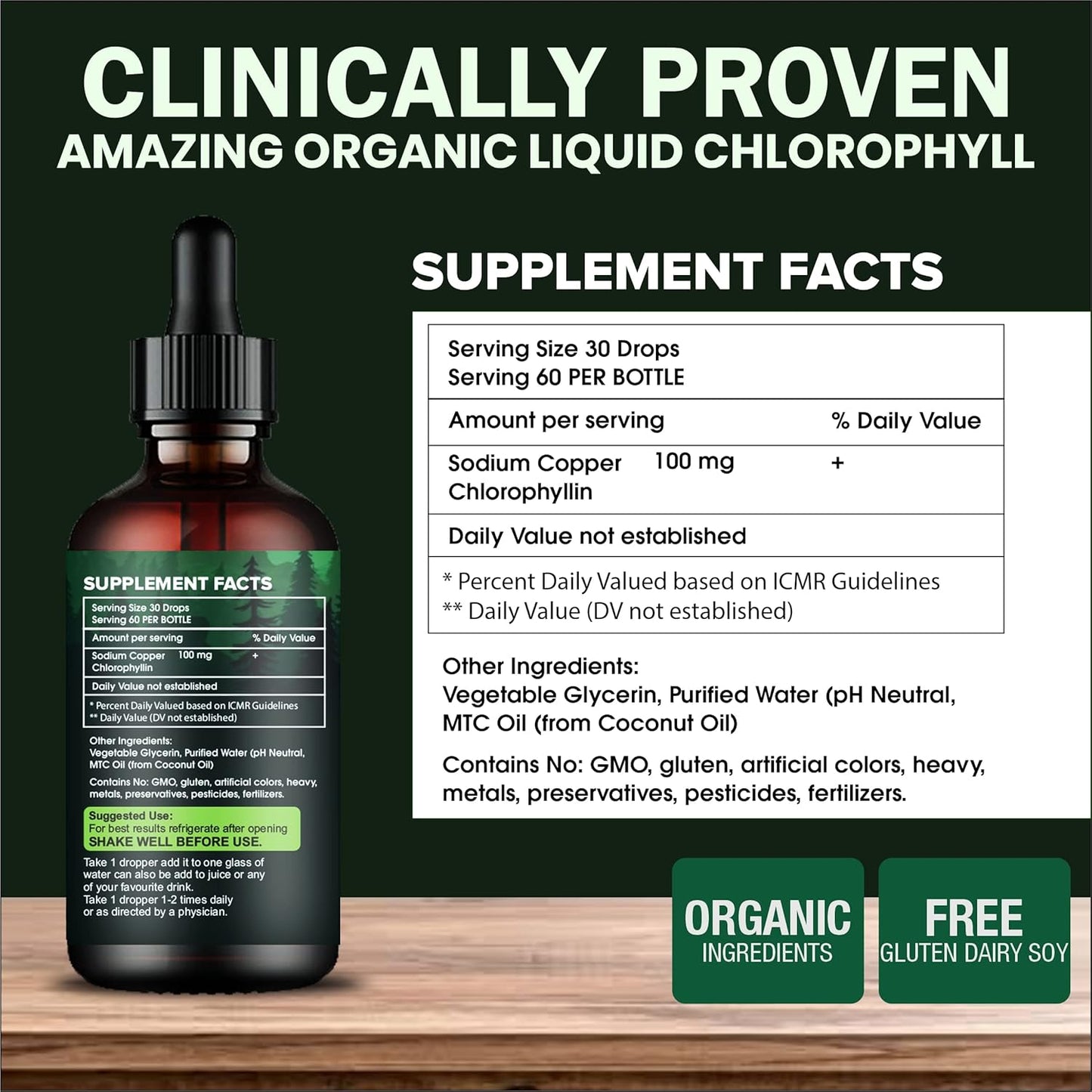 Organic Liquid Chlorophyll Drops for Natural Energy Boost - AmazingOrganics Green Chlorophyll Formula