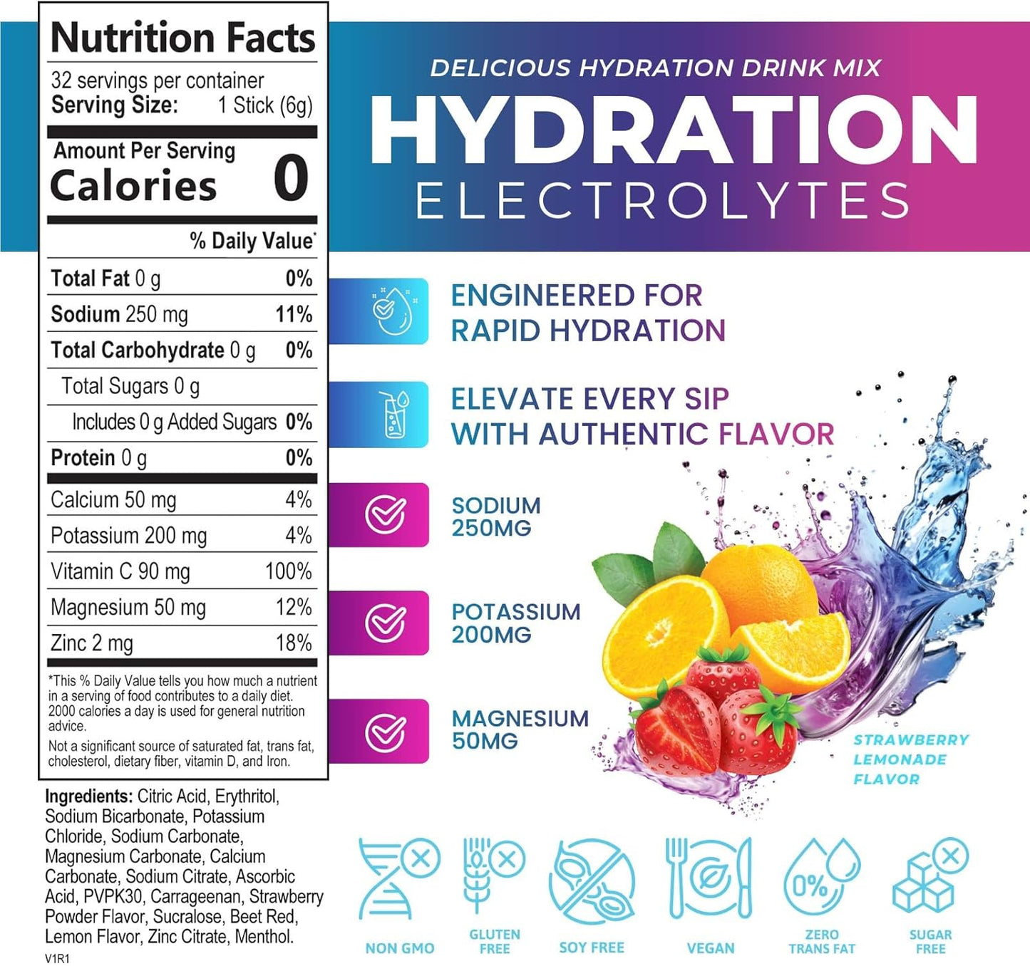 Organic Liquid Electrolyte Drink Mix with 6 Electrolytes & Minerals - Keto Vegan Hydration Packets - Non-GMO Sugar-Free Powder - 32 Servings
