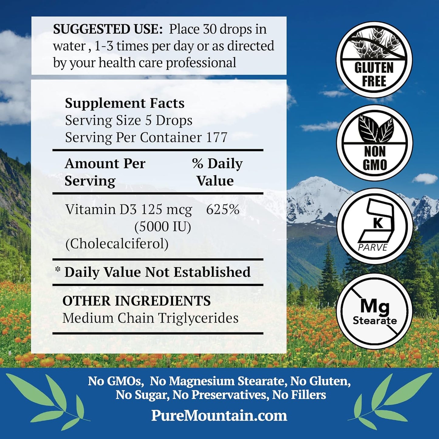 Organic Liquid Vitamin D Drops - Unflavored Kosher D3 Drops in MCT Oil - 5000IU - 1oz Bottle by Pure Mountain Botanicals