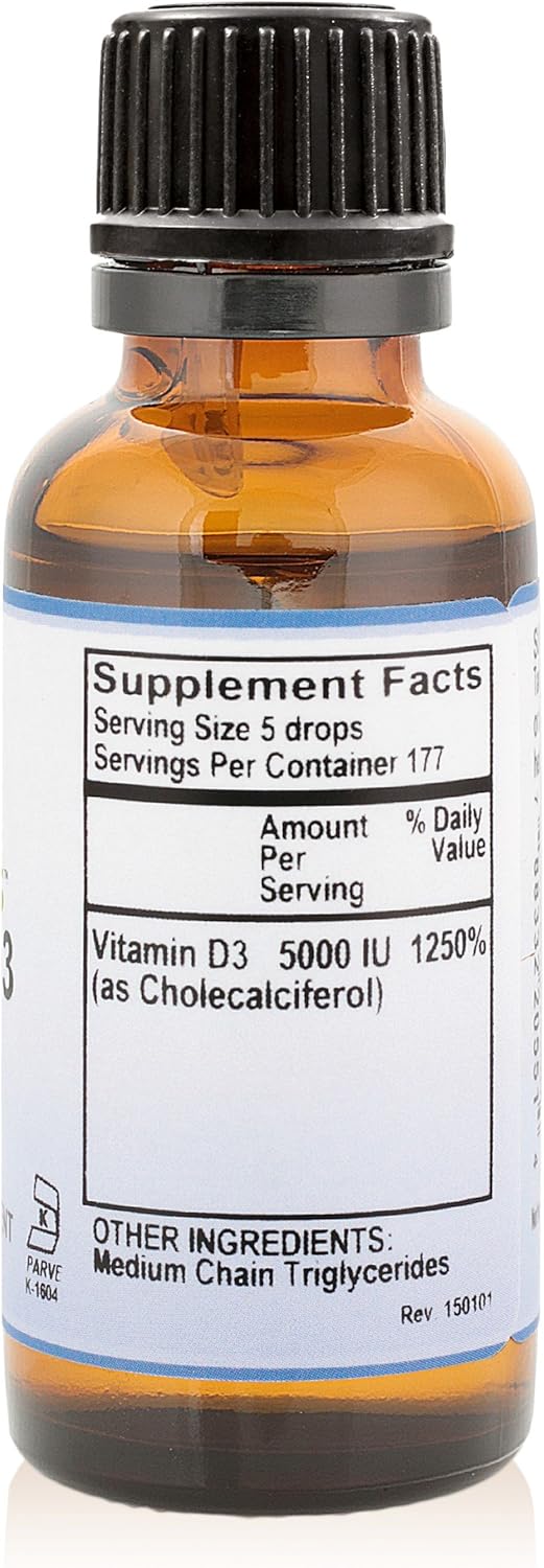 Organic Liquid Vitamin D Drops - Unflavored Kosher D3 Drops in MCT Oil - 5000IU - 1oz Bottle by Pure Mountain Botanicals