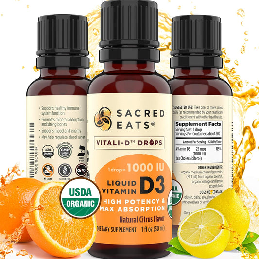 Organic Liquid Vitamin D Drops for Kids & Adults - Sugar Free, Easy to Use 1,000 IU/Drop in Coconut MCT Oil - High Absorption VIT D3 Supplement - Citrus Flavor