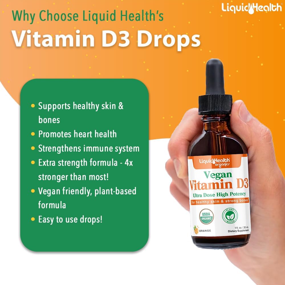 Organic Liquid Vitamin D3 5000 IU Drops for Adults & Kids - Vegan Immune & Bone Health Support - 3 Pack