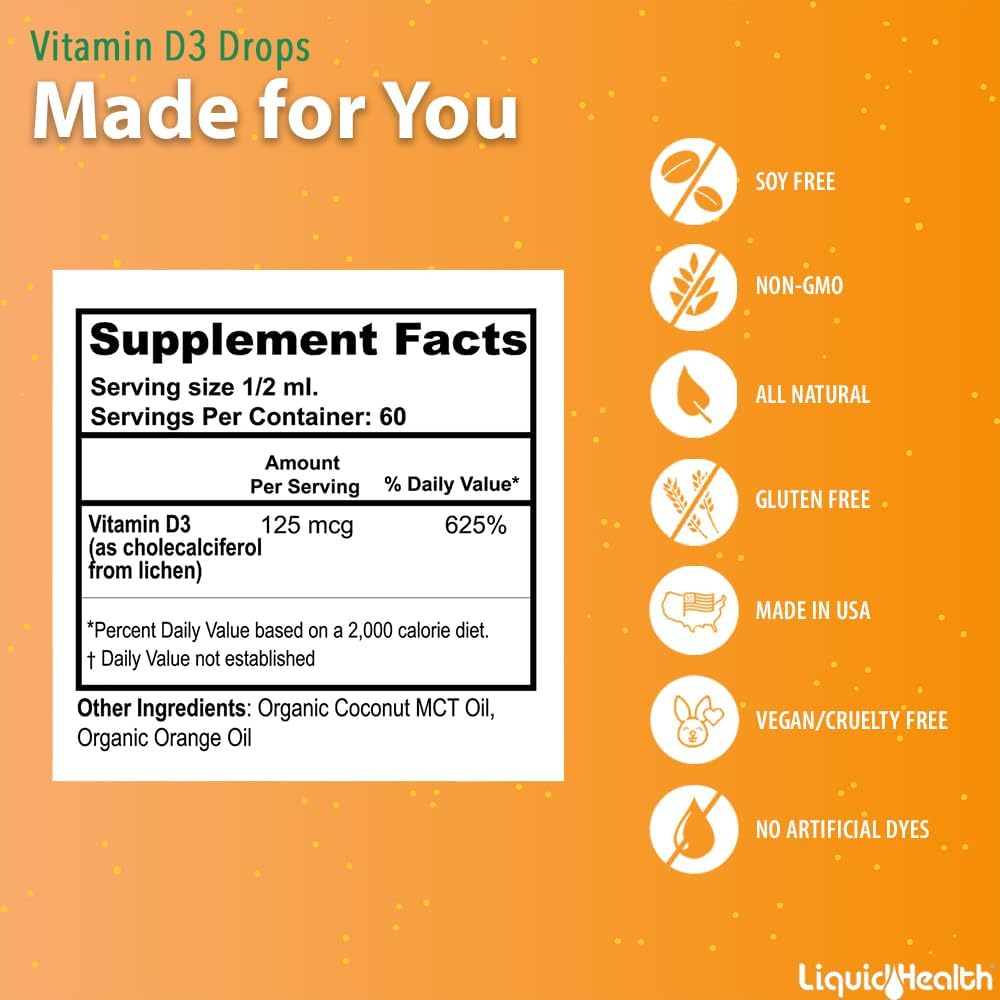 Organic Liquid Vitamin D3 5000 IU Drops for Adults & Kids - Vegan Immune & Bone Health Support - 3 Pack