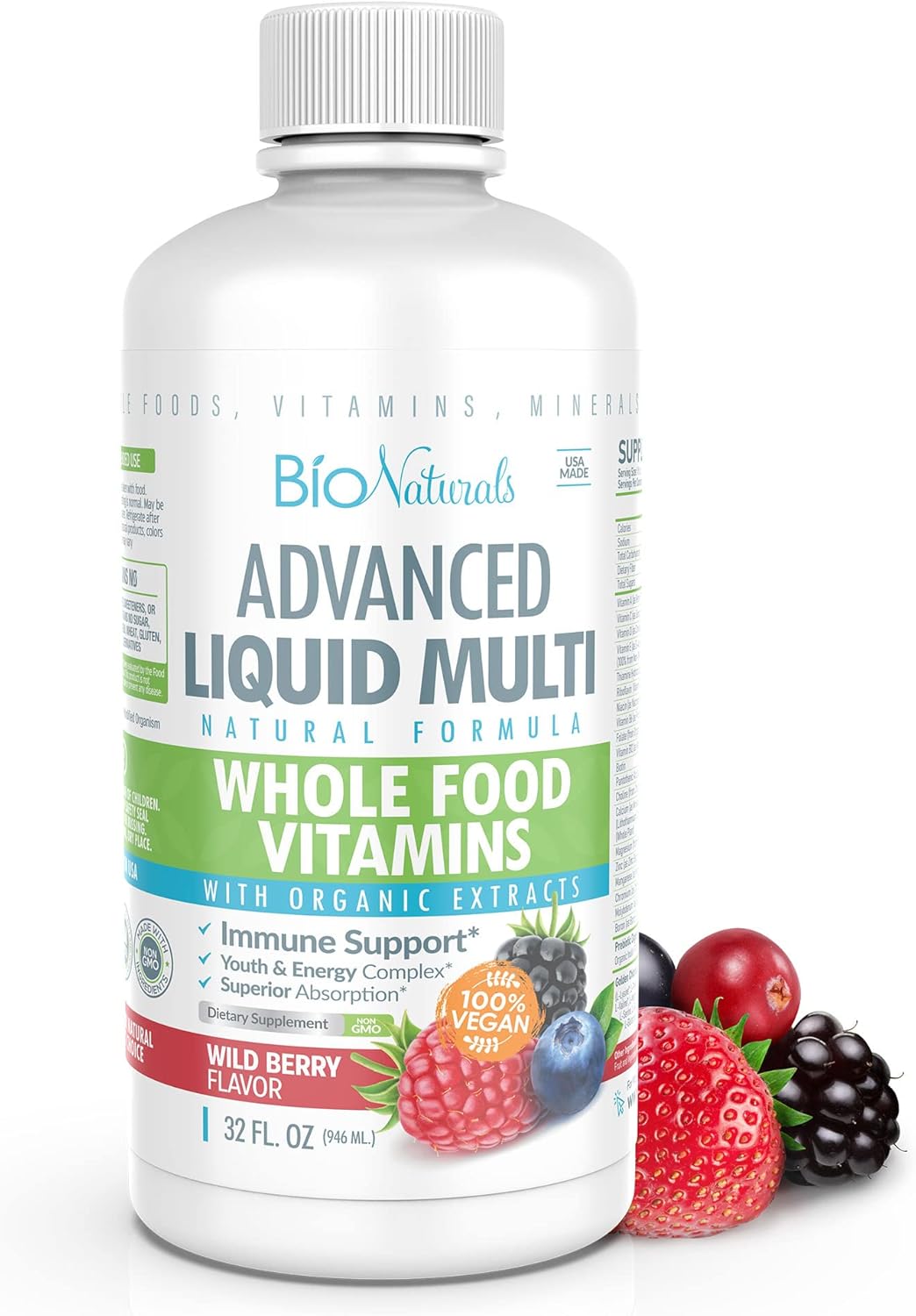 Organic Liquid Whole Food Multivitamin for Men & Women - Superfoods, Omegas, 100+ Ingredients - Vegan - 32 oz