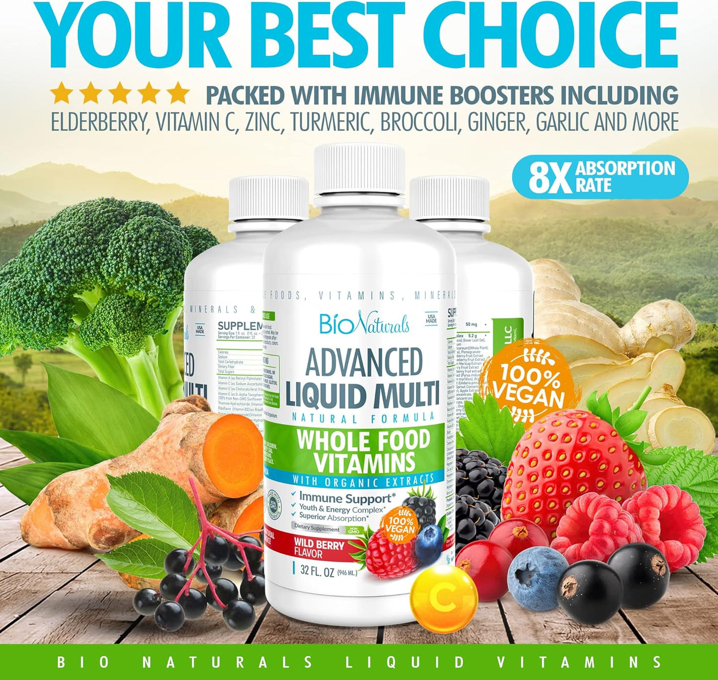 Organic Liquid Whole Food Multivitamin for Men & Women - Superfoods, Omegas, 100+ Ingredients - Vegan - 32 oz