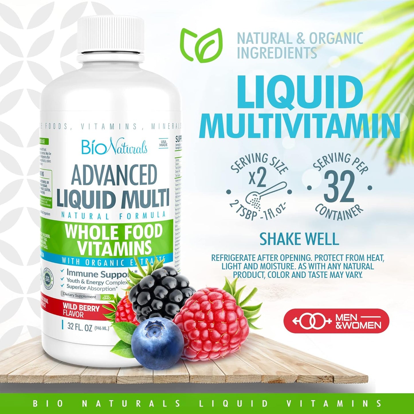 Organic Liquid Whole Food Multivitamin for Men & Women - Superfoods, Omegas, 100+ Ingredients - Vegan - 32 oz