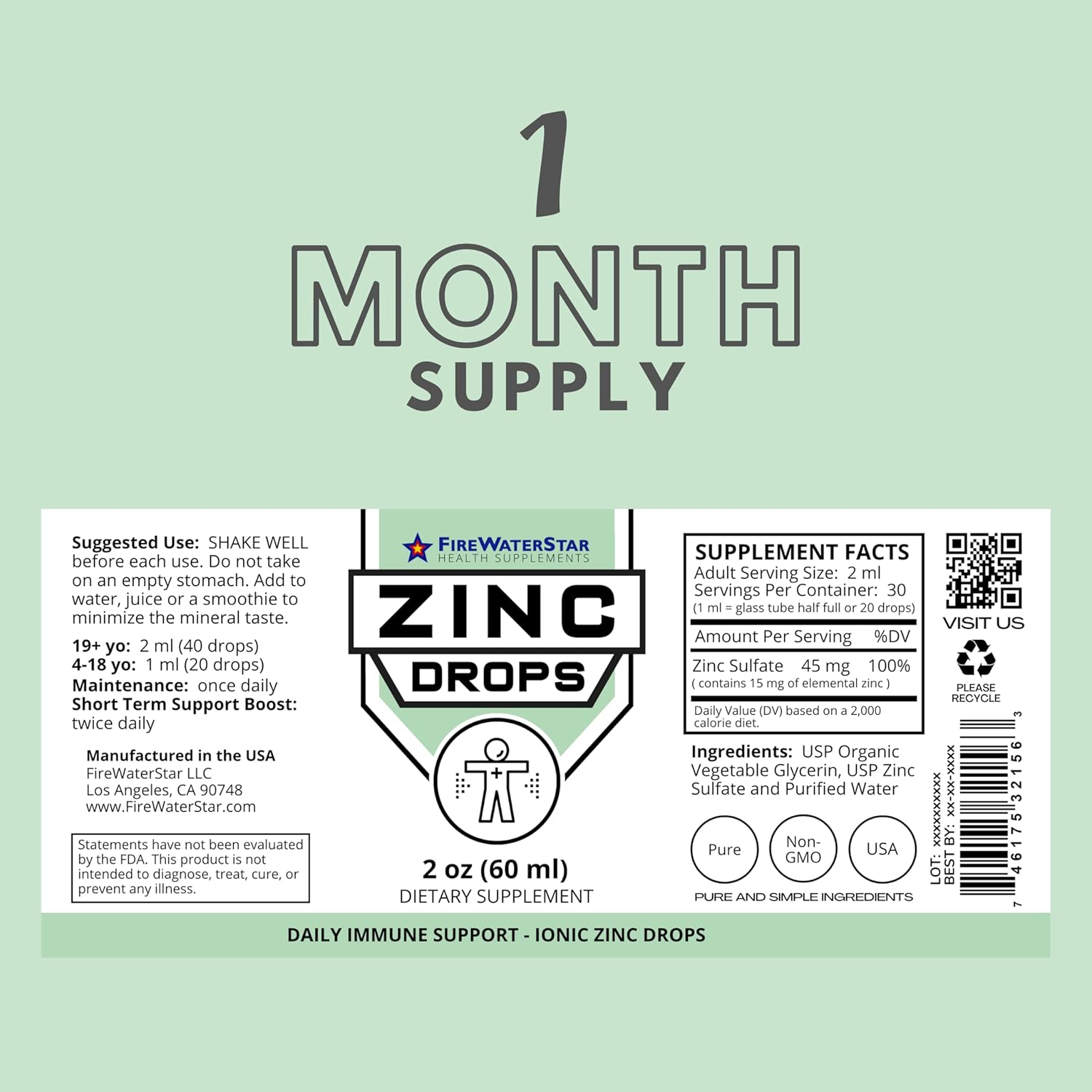Organic Liquid Zinc Drops - Immune Support Supplement for Adults & Kids - Non-GMO, Vegan - 45mg - Boost Immunity, Healthy Skin, Wellness