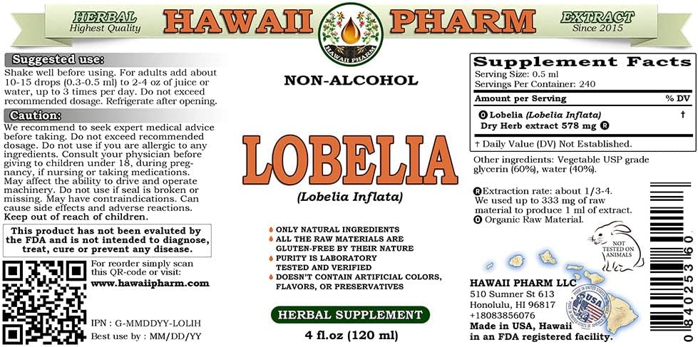 Organic Lobelia Alcohol-Free Liquid Extract Glycerite - 4 oz Hawaii Pharm Herbal Supplement