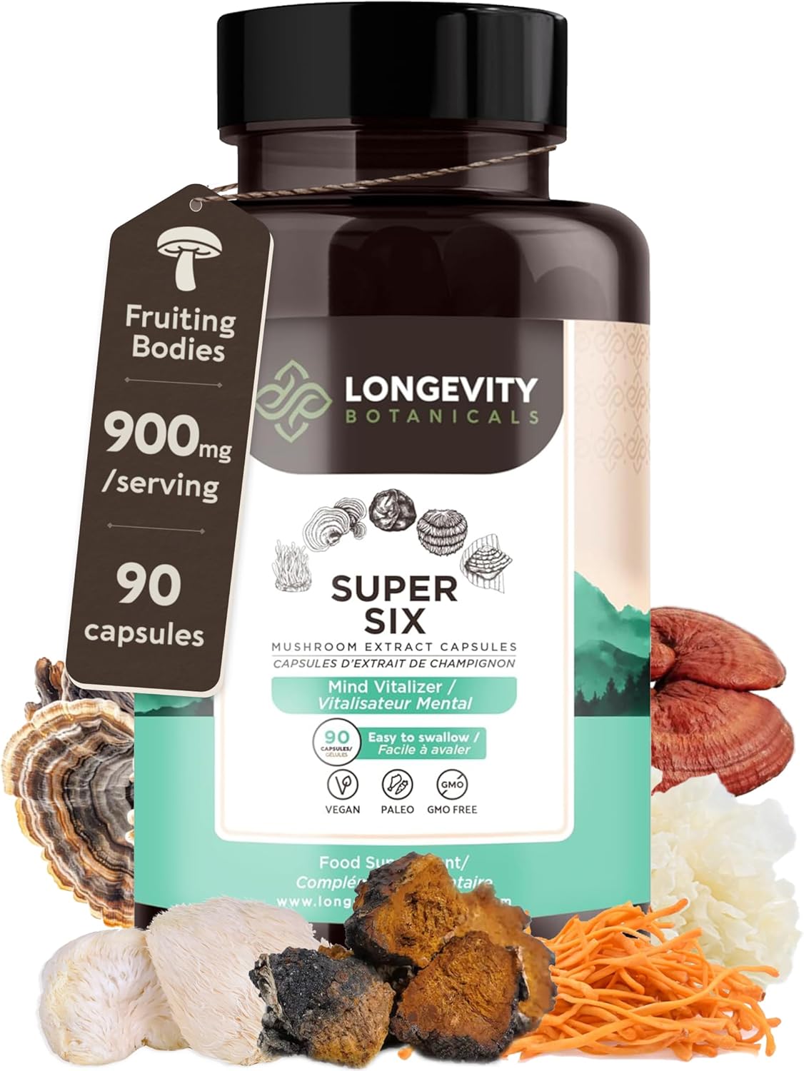 Organic Longevity Botanicals Super Six Mushroom Capsules - Enhanced Well-Being and Vitality - 100% Fruiting Body - 90 Capsules