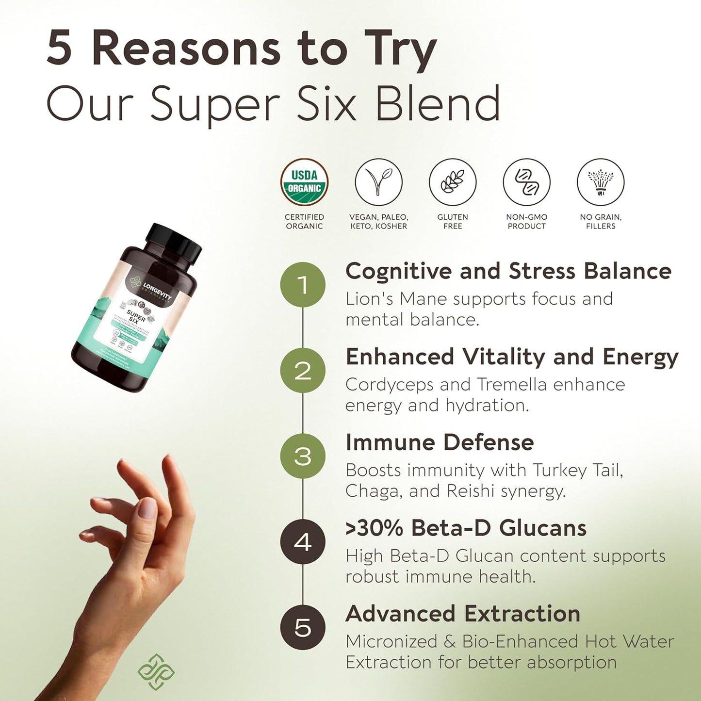 Organic Longevity Botanicals Super Six Mushroom Capsules - Enhanced Well-Being and Vitality - 100% Fruiting Body - 90 Capsules