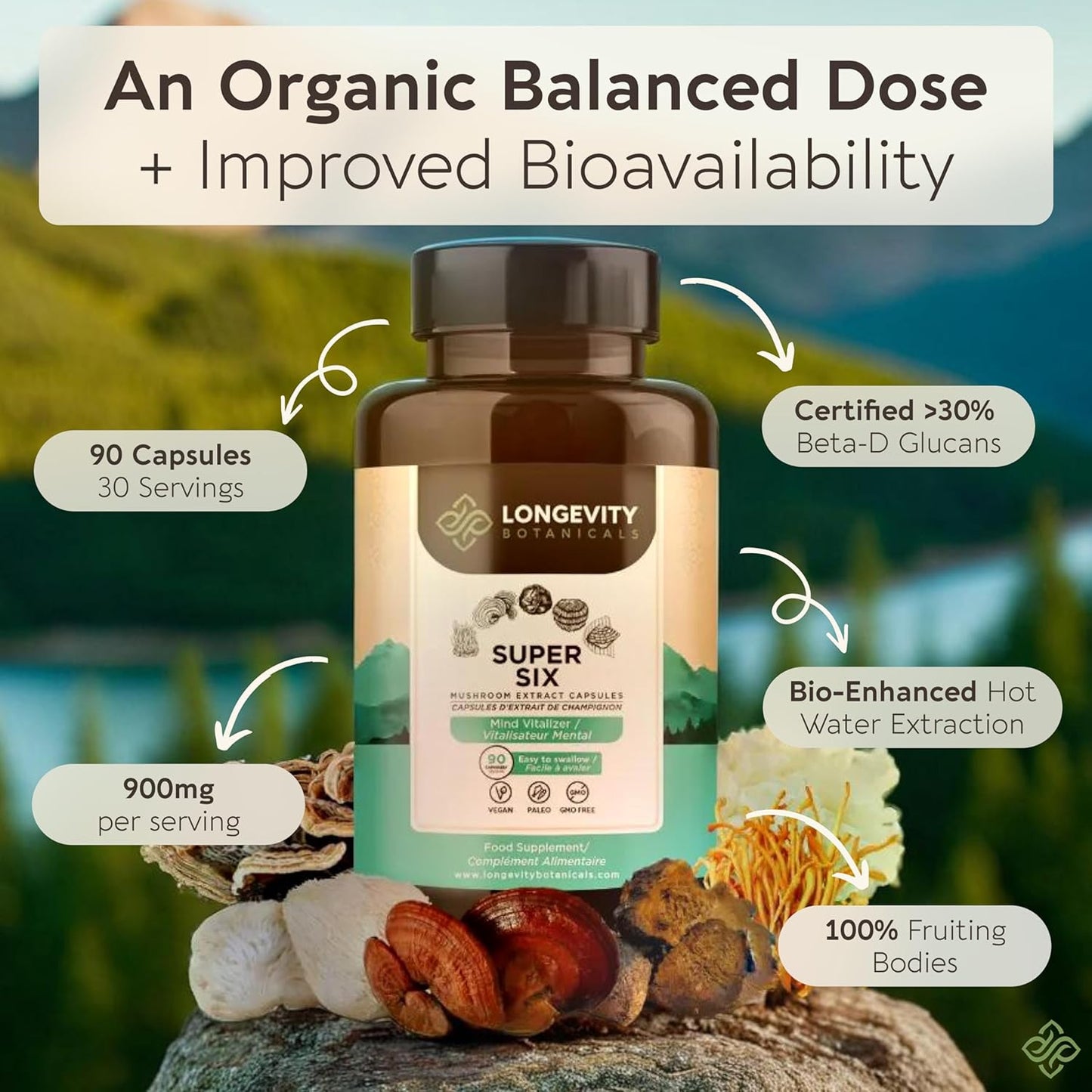 Organic Longevity Botanicals Super Six Mushroom Capsules - Enhanced Well-Being and Vitality - 100% Fruiting Body - 90 Capsules