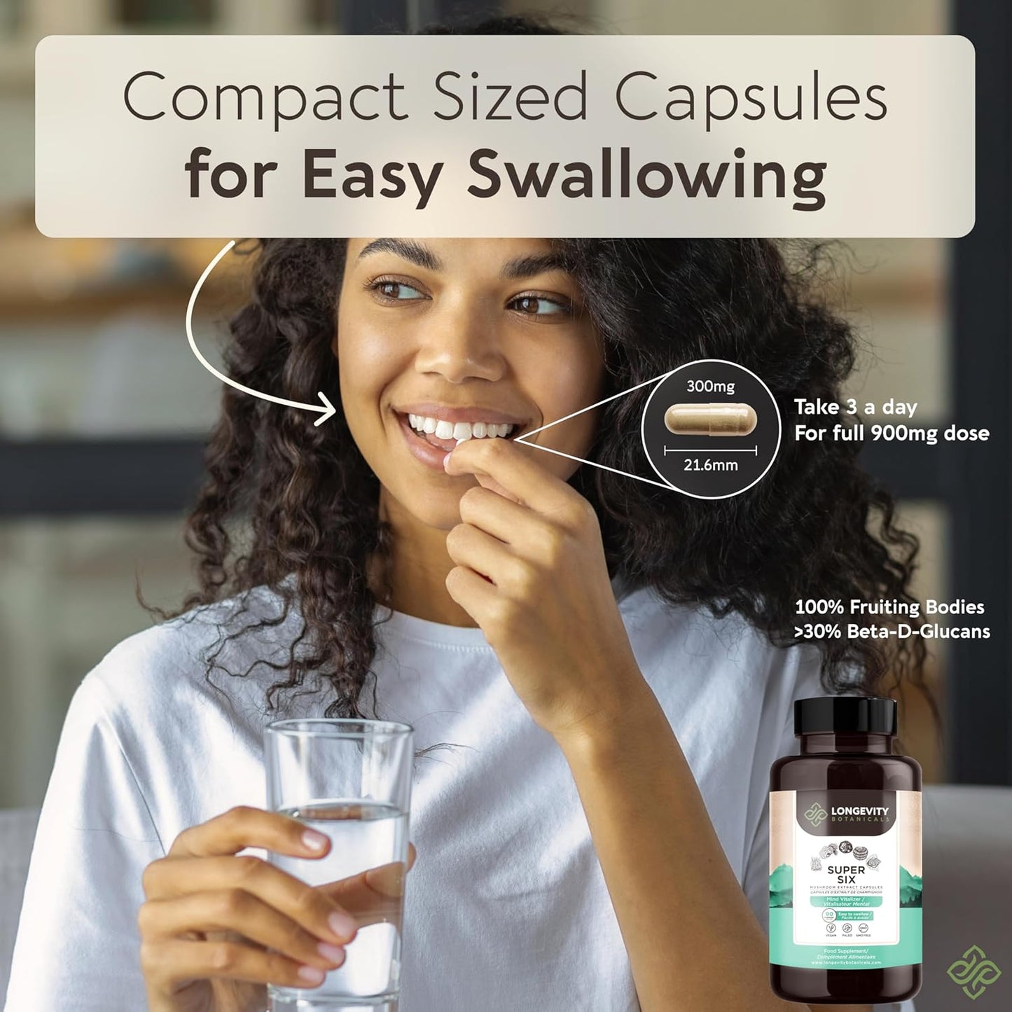 Organic Longevity Botanicals Super Six Mushroom Capsules - Enhanced Well-Being and Vitality - 100% Fruiting Body - 90 Capsules