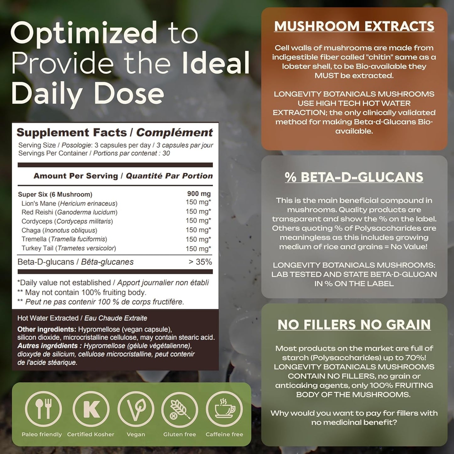 Organic Longevity Botanicals Super Six Mushroom Capsules - Enhanced Well-Being and Vitality - 100% Fruiting Body - 90 Capsules