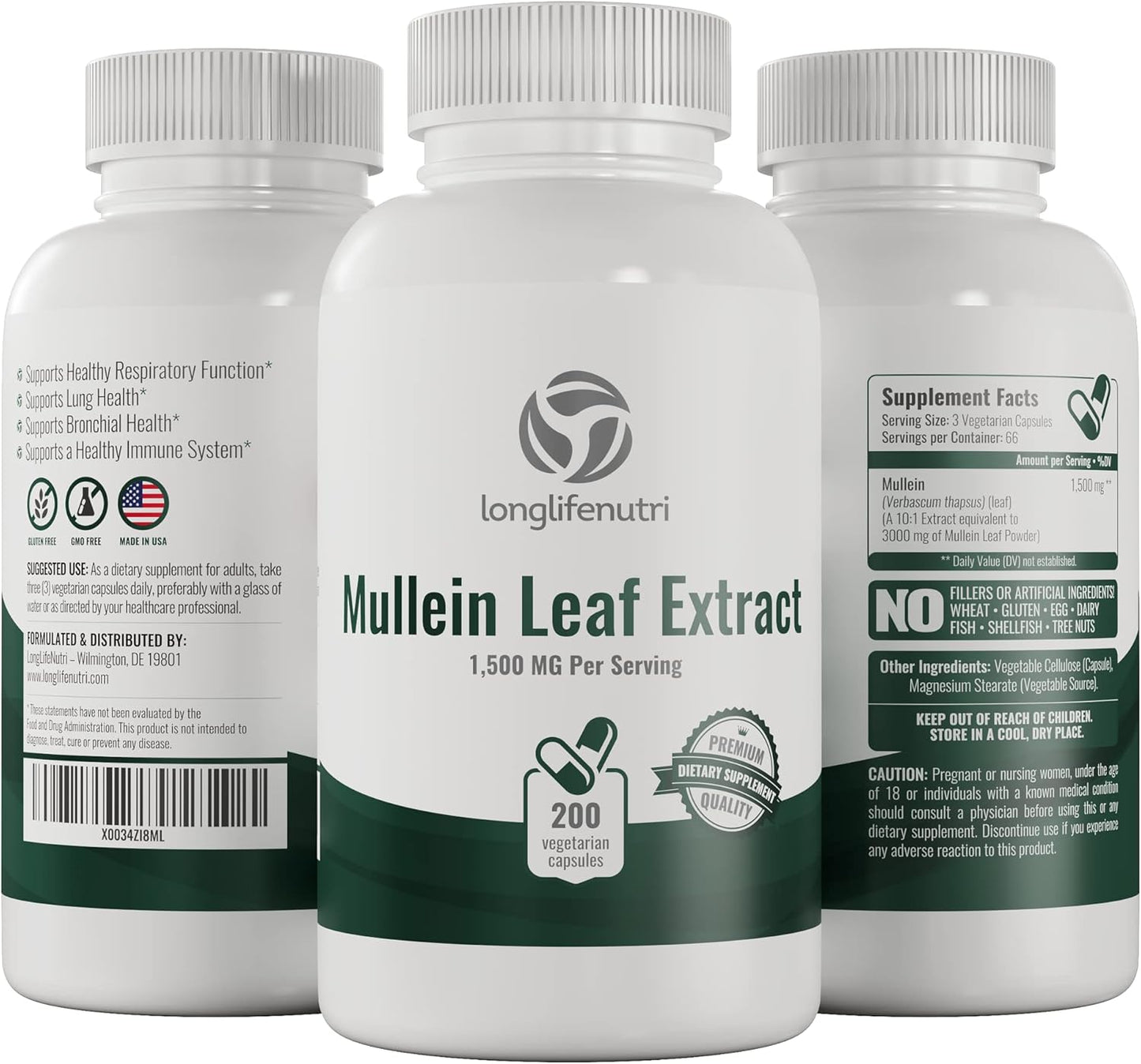 Organic LongLifeNutri Mullein Leaf Extract Capsules - 3000mg, 10:1 Concentration, 200 Vegetarian Capsules, Respiratory Support Supplement, 2-Month Supply, Non-GMO, Lab-Tested, USA-Made