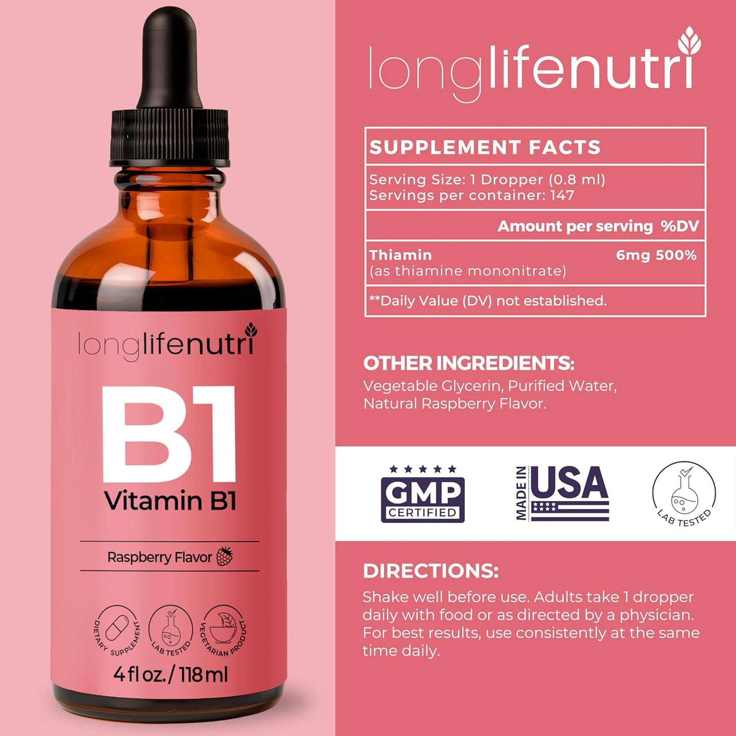 Organic LongLifeNutri Vitamin B1 Liquid Drops - Thiamine Mononitrate Supplement for Energy & Nerve Health, Fast Absorption, 4 FL OZ, 5-Month Supply, Lab Tested - USA Made