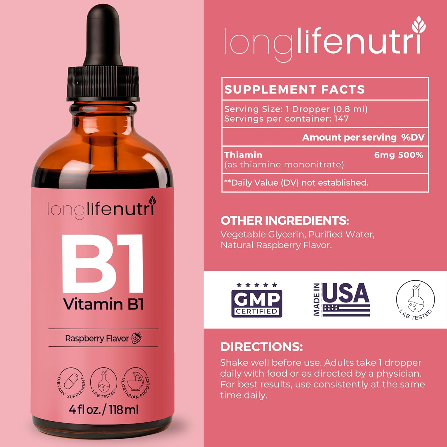 Organic LongLifeNutri Vitamin B1 Liquid Drops - Thiamine Mononitrate Supplement for Energy & Nerve Health, Fast Absorption, 4 FL OZ, 5-Month Supply, Lab Tested - USA Made