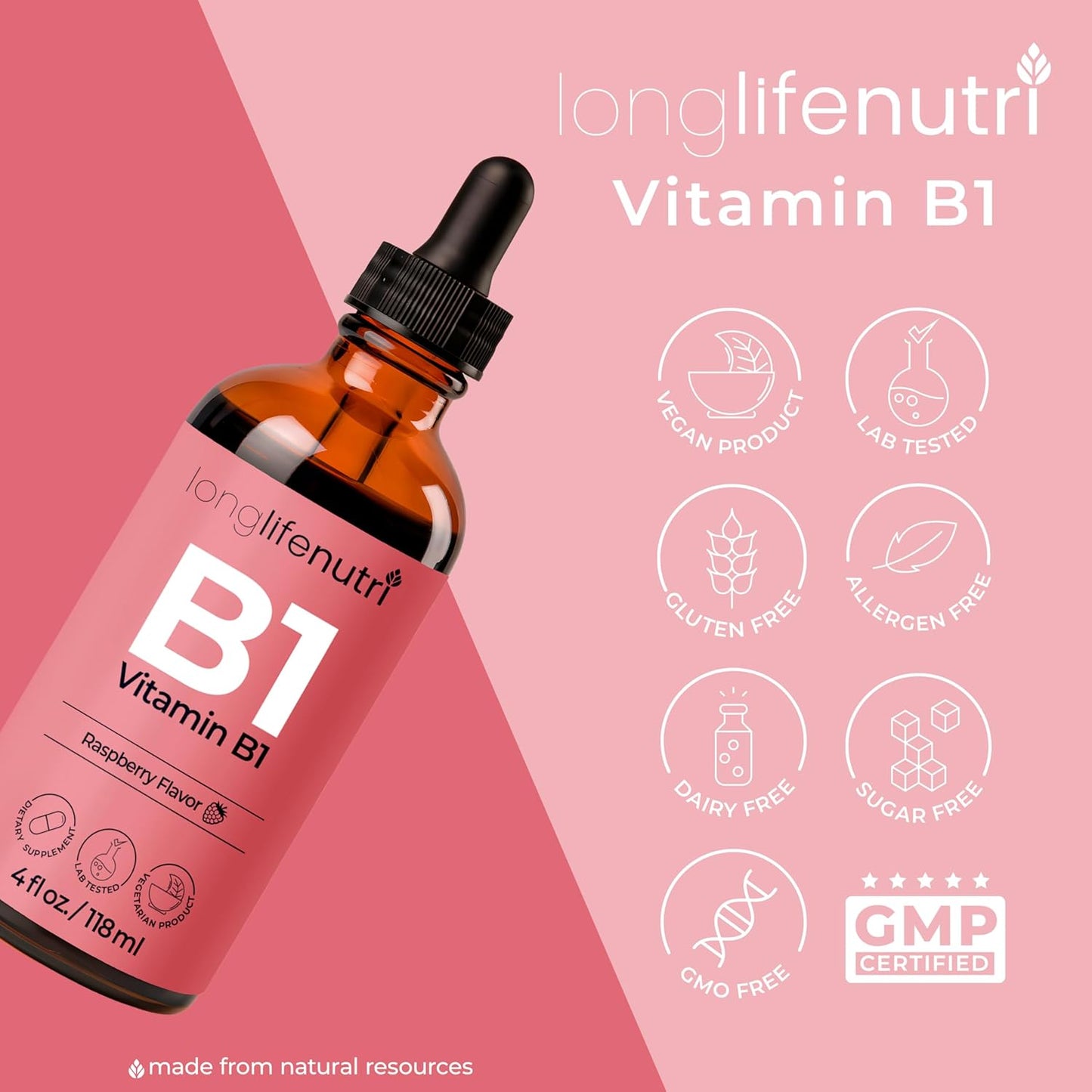 Organic LongLifeNutri Vitamin B1 Liquid Drops - Thiamine Mononitrate Supplement for Energy & Nerve Health, Fast Absorption, 4 FL OZ, 5-Month Supply, Lab Tested - USA Made