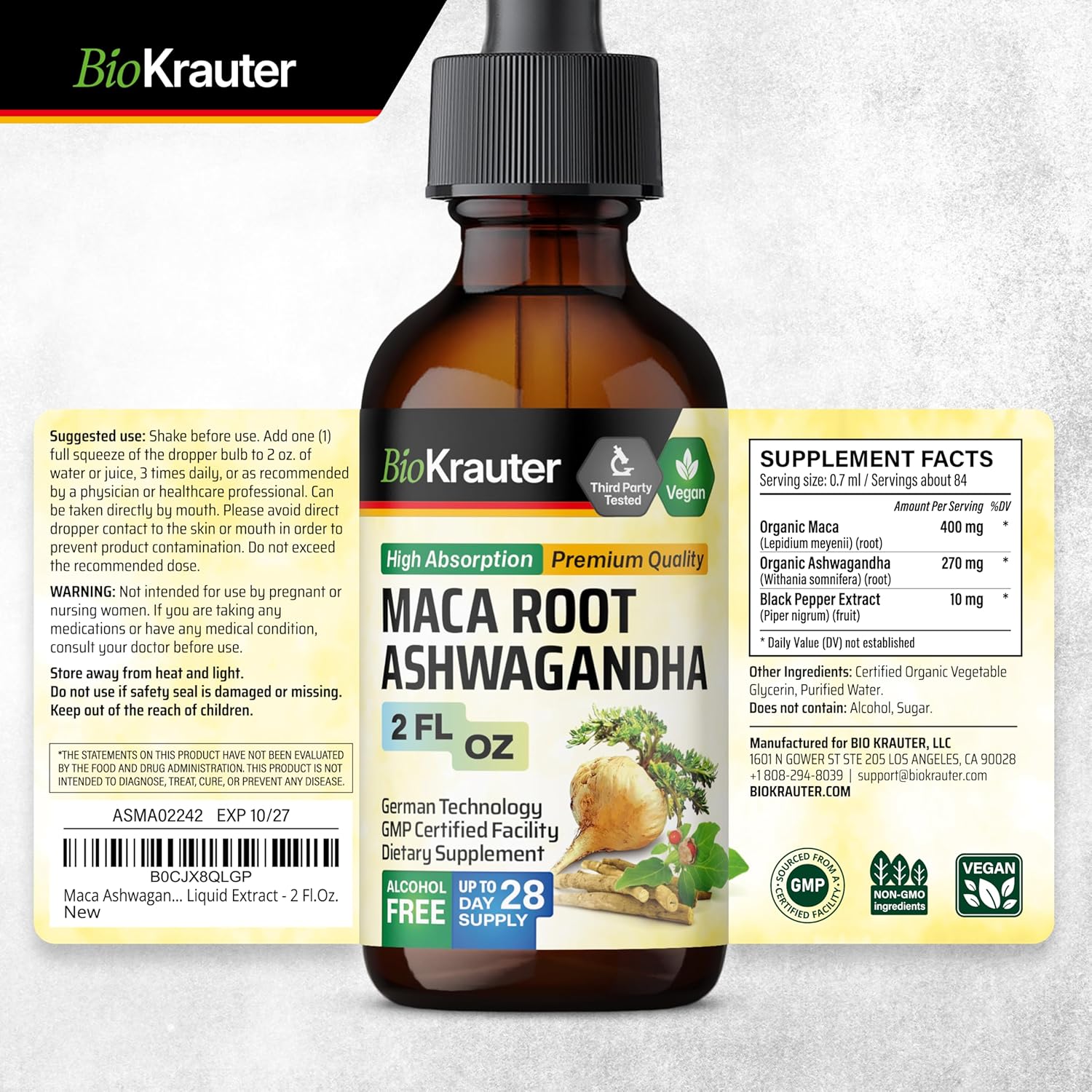 Organic Maca Ashwagandha and Ginseng Tincture Bundle - 2 Fl. Oz. Each