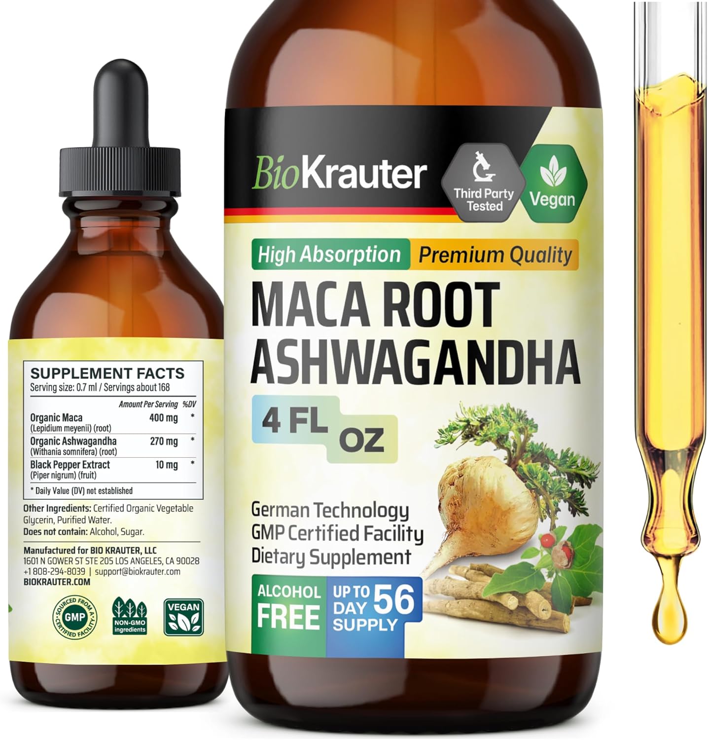 Organic Maca Root and Ashwagandha Tincture - Liquid Mood Support Supplement for Men & Women - Vegan Drops, Alcohol & Sugar-Free - 4 Fl.Oz.