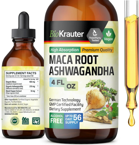 Organic Maca Root and Ashwagandha Tincture - Liquid Mood Support Supplement for Men & Women - Vegan Drops, Alcohol & Sugar-Free - 4 Fl.Oz.