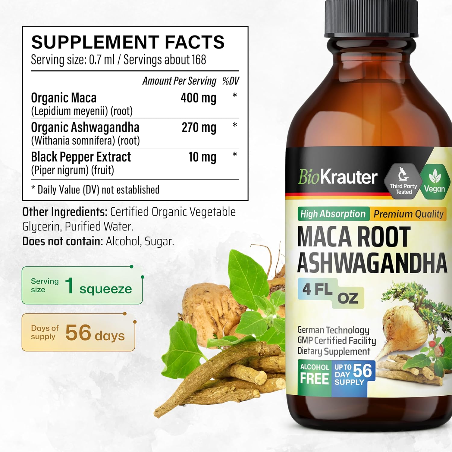 Organic Maca Root and Ashwagandha Tincture - Liquid Mood Support Supplement for Men & Women - Vegan Drops, Alcohol & Sugar-Free - 4 Fl.Oz.