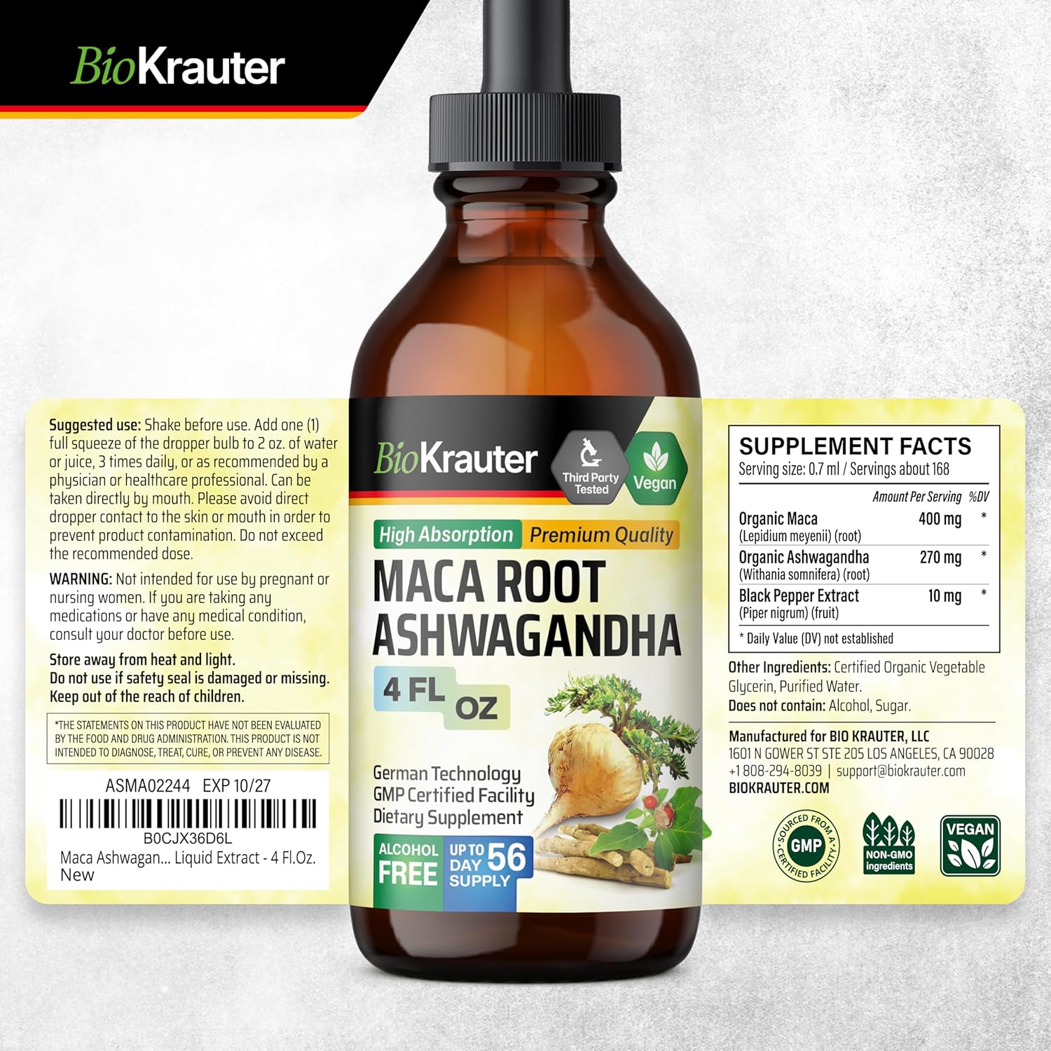 Organic Maca Root and Ashwagandha Tincture - Liquid Mood Support Supplement for Men & Women - Vegan Drops, Alcohol & Sugar-Free - 4 Fl.Oz.