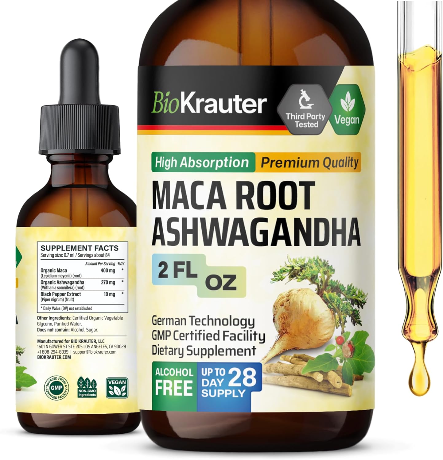 Organic Maca Root and Ashwagandha Tincture for Mood Support - Liquid Supplement for Men & Women - Vegan Drops - 2 Fl.Oz