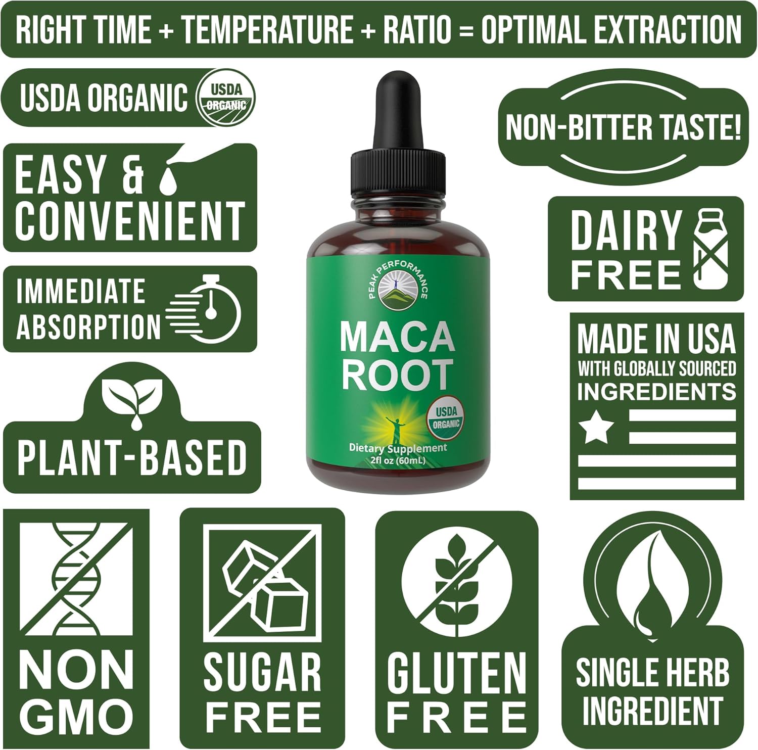 Organic Maca Root Liquid Drops for Peak Performance - Vegan Extract Supplement with High Bioavailability for Energy, Endurance, and Mood Support - USDA Certified, Sugar and Gluten Free