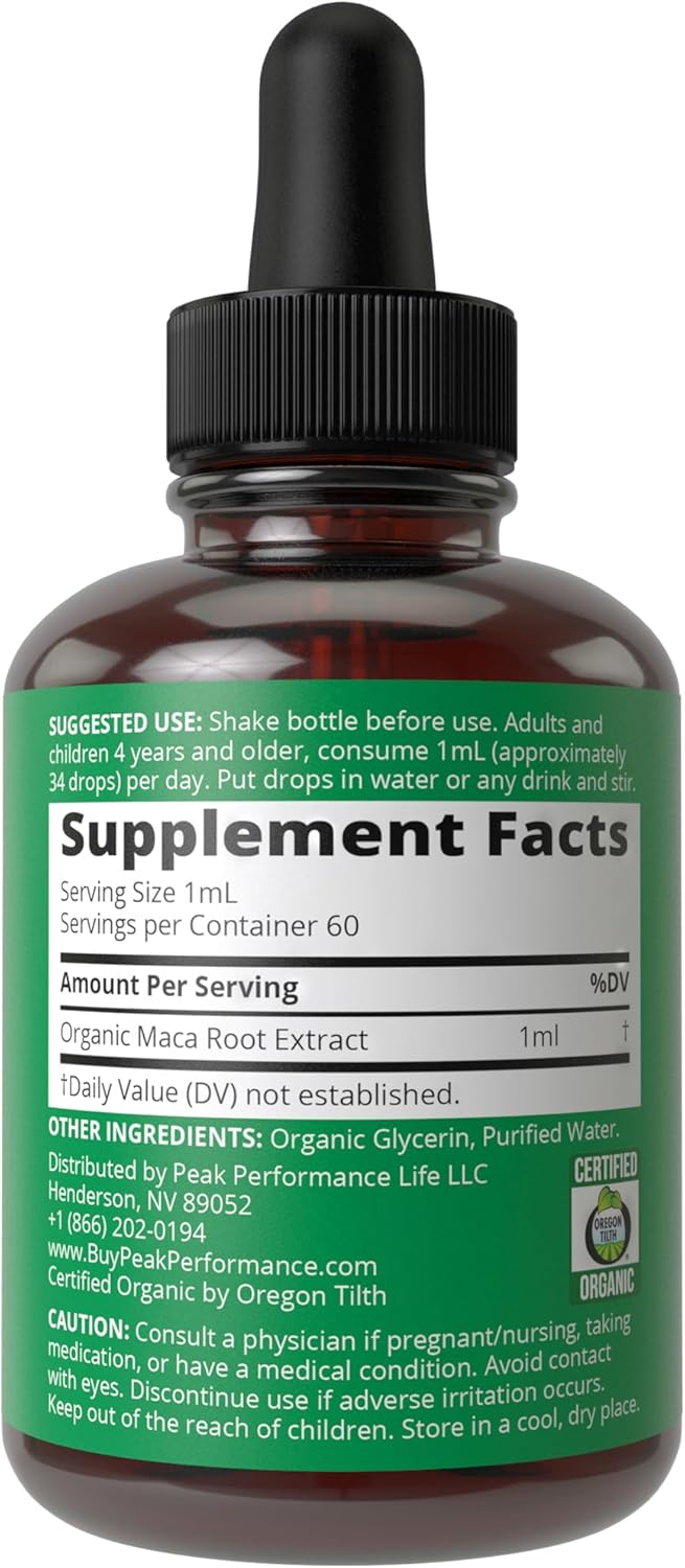 Organic Maca Root Liquid Drops for Peak Performance - Vegan Extract Supplement with High Bioavailability for Energy, Endurance, and Mood Support - USDA Certified, Sugar and Gluten Free