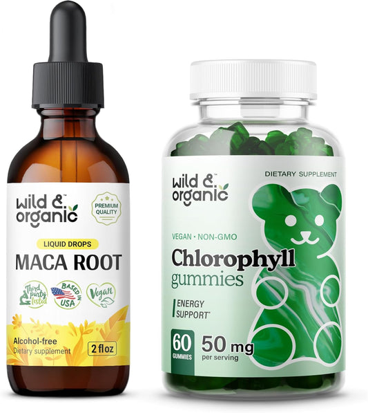 Organic Maca Root Tincture 2 fl oz with Wild Chlorophyll Gummies - Natural Energy Boost and Detox Support