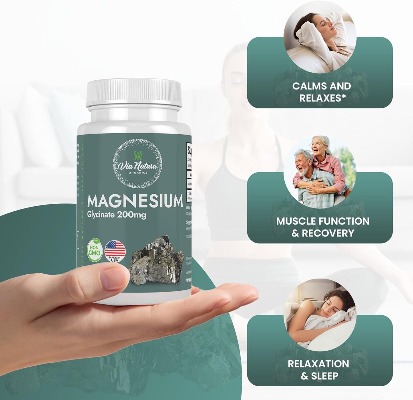 Organic Magnesium Glycinate 200 mg Tablets - Gluten Free & Non-GMO - 60 Count by Via Natura Organics