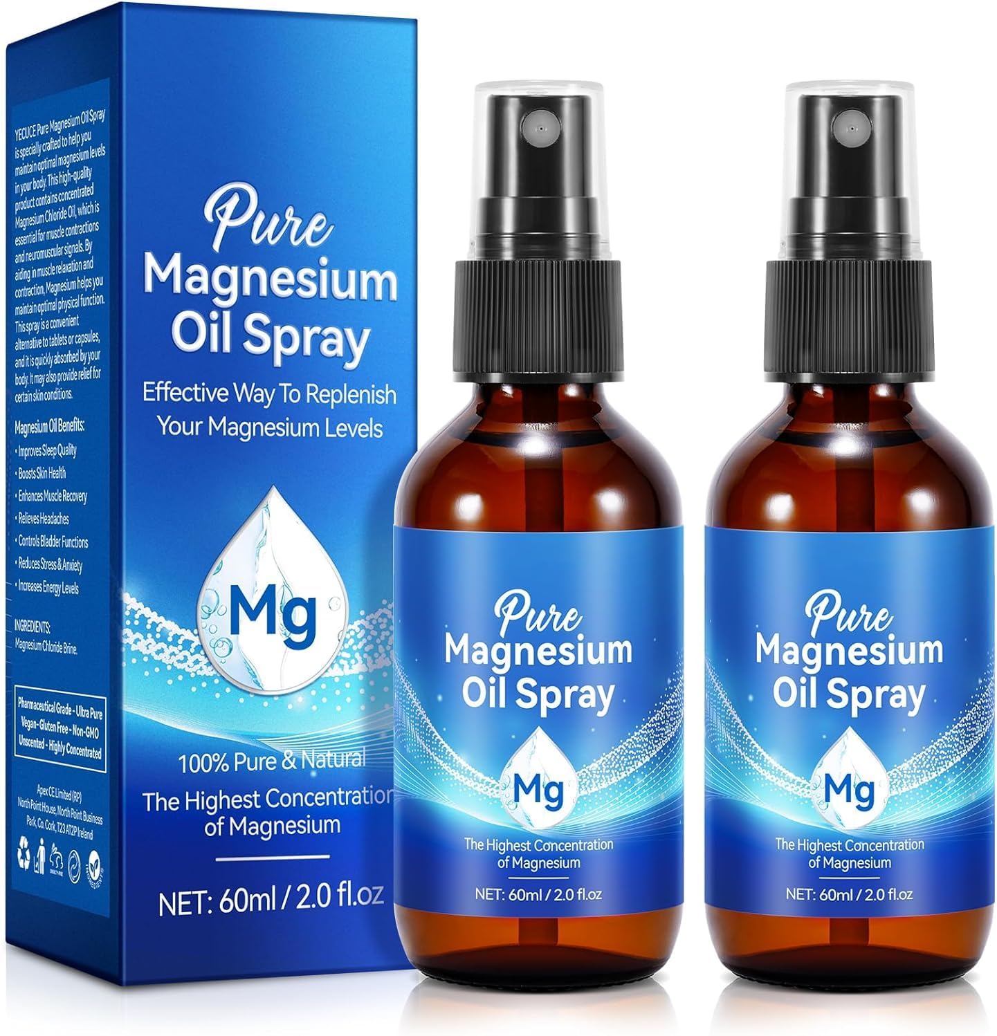 Organic Magnesium Oil Spray for Feet | 100% Pure & Natural | Easy Absorption | 2-Pack Glass Bottles