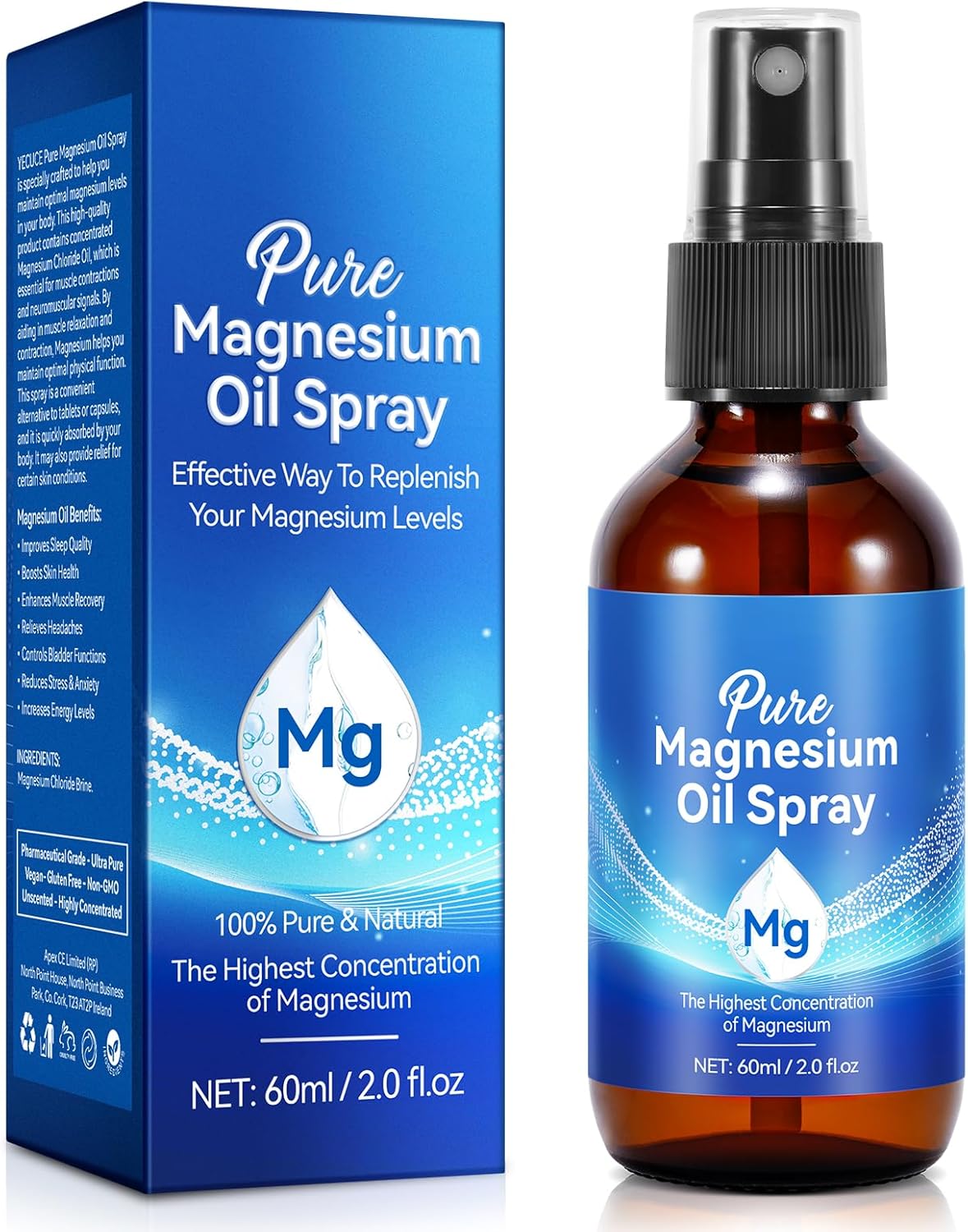 Organic Magnesium Oil Spray for Feet in Glass Bottle - Easy Absorption 60ml
