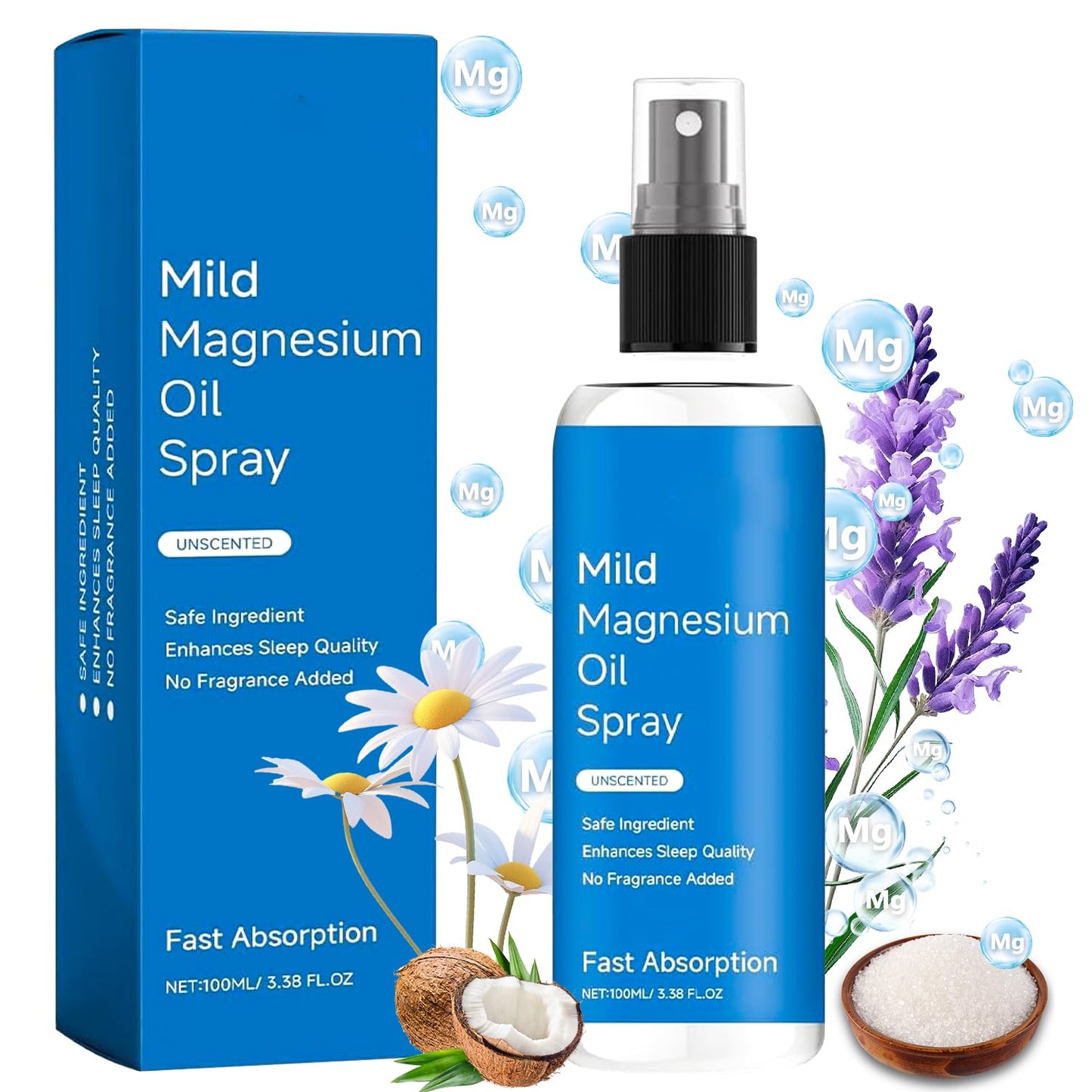 Organic Magnesium Oil Spray for Skin, 100% Pure Natural Topical Spray for Feet & Body, Promotes Sleep and Relaxation - 100ml