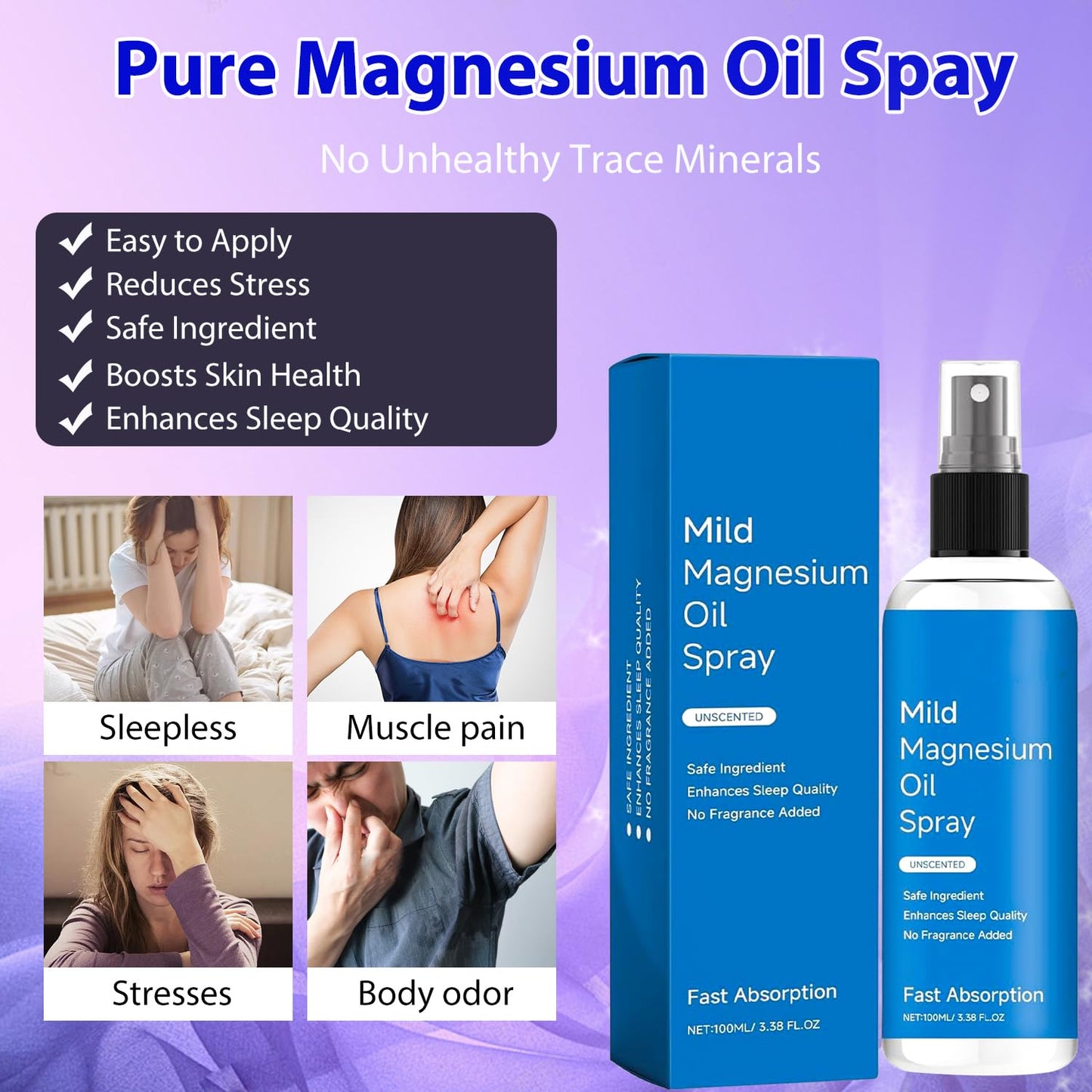 Organic Magnesium Oil Spray for Skin, 100% Pure Natural Topical Spray for Feet & Body, Promotes Sleep and Relaxation - 100ml